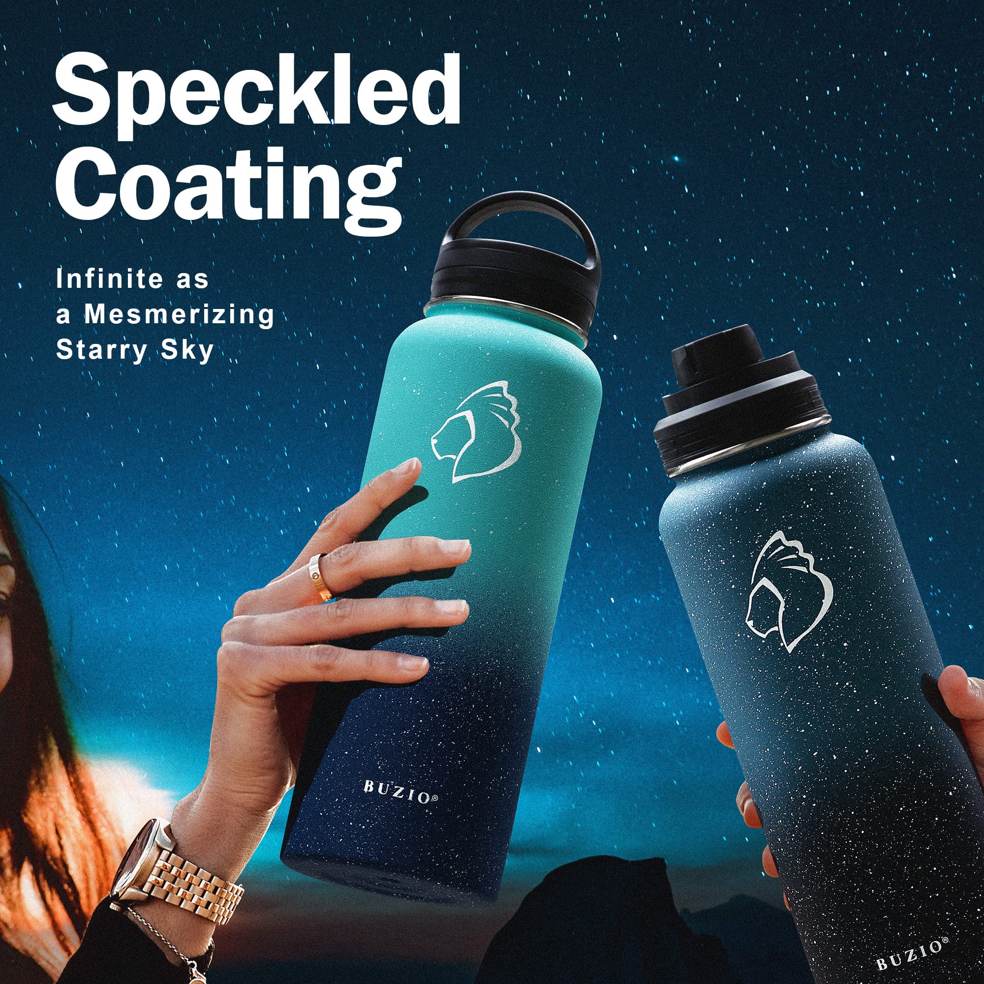 Buzio 40 Oz Water Bottle Insulated With Straw & 3 Lid And Carrying Pouch, Leak Proof Anti-Slip Stainless Steel Water Flask Jug,